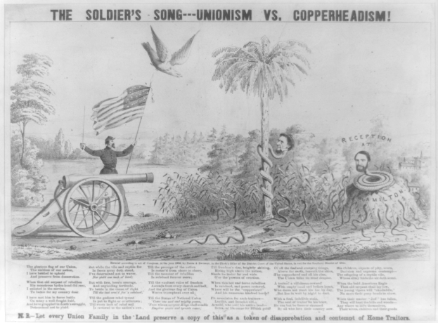 Plakat, das eine Person zeigt, die auf einer Kanone steht, eine Fahne hält und von Bäumen, Pflanzen und einer Schlange umgeben ist, mit der Beschriftung "The Soldier's Song - Unionism vs Copperheadism".