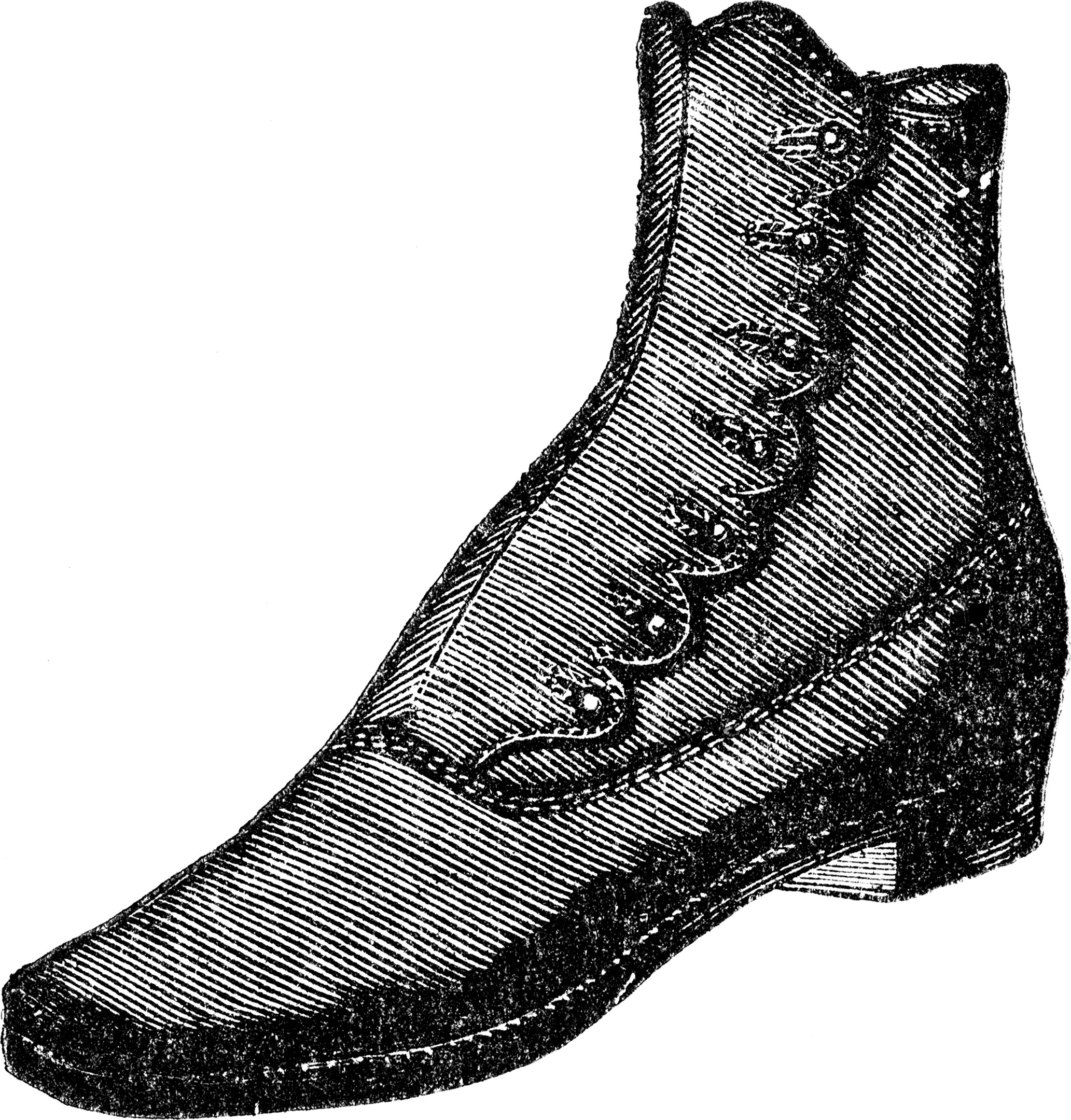 Schwarze und weiße Zeichnung klassischer Stiefel mit gerundeten Zehen, niedrigen Absätzen, detaillierten Schnürsenkeln, die zu einer Schleife gebunden sind, und sichtbaren Sohlen.