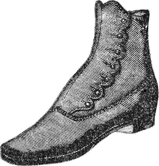 Schwarze und weiße Zeichnung klassischer Stiefel mit gerundeten Zehen, niedrigen Absätzen, detaillierten Schnürsenkeln, die zu einer Schleife gebunden sind, und sichtbaren Sohlen.