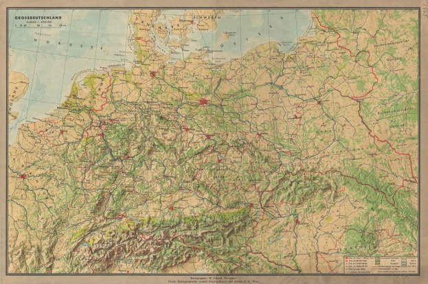 Alte Deutschlandkarte mit Straßen, Autobahnen und geographischen Merkmalen mit Text oben und unten.