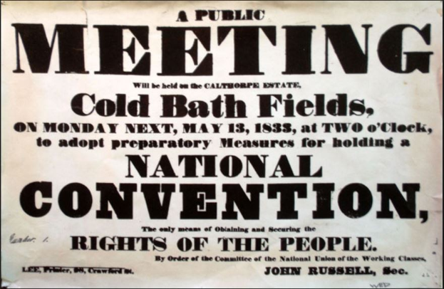 Schwarzer und weißer Plakatansage für eine öffentliche Versammlung auf den Cold Bath Fields mit der Überschrift "Nationalkonvent, Rechte des Volkes."