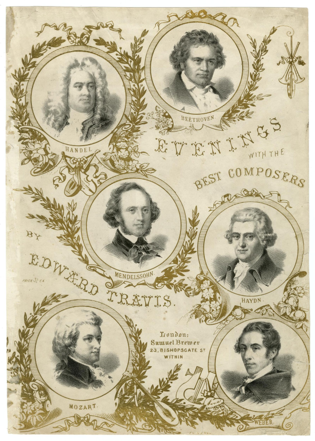 Ein Plakat mit der Aufschrift "Abende mit den Besten Komponisten von Edward Travis", das fünf Männer verschiedenen Alters, Geschlechts und Ethnien zeigt, die freundlich lächeln und mit fetter Schrift und einem dekorativen Rahmen.