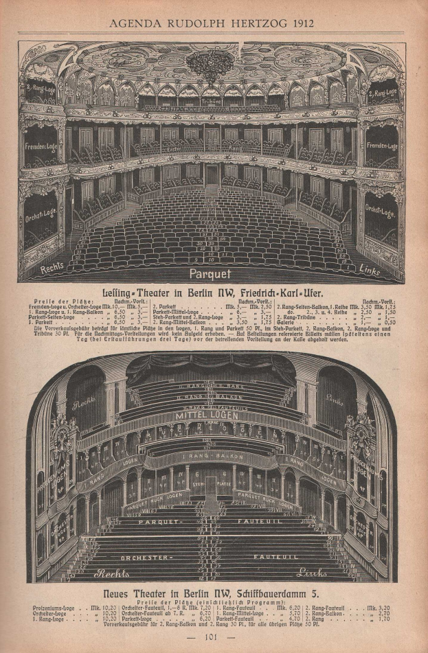 Schwarz-weiß-Illustration eines großen Berliner Auditoriums aus dem Jahr 1912, begleitet von Text, der das Layout beschreibt, auf altem Papier gedruckt.