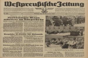 Titelseite einer deutschen Zeitung vom 13. November 1939, betitelt "Weitpreubliche Zeitung", mit einem Bild einer Gruppe von Menschen in traditioneller deutscher Kleidung in einer feierlichen Umgebung.