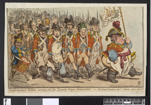 Eine Gruppe von Männern in Militäruniformen marschiert die Straße entlang, einer hält einen Stock in der Hand, mit Text unten: "Zusätzliche Miliz, Ausmarsch für zwanzig Tage Vergnügen."
