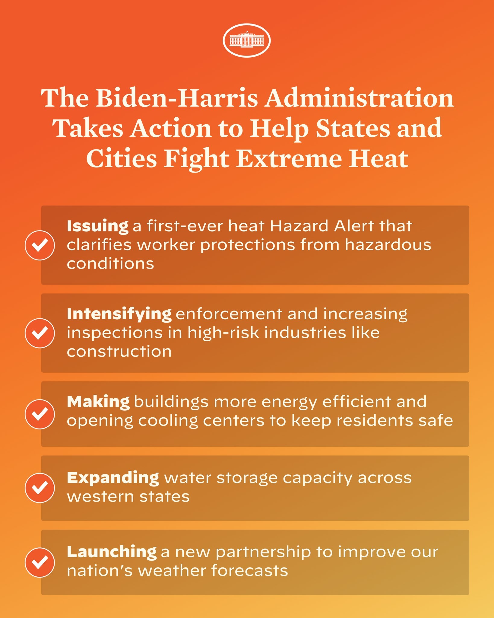 Plakat mit der Aufschrift "Die Biden-Harris-Verwaltung setzt sich dafür ein, dass Bundesstaaten und Städte gegen extreme Hitze kämpfen" mit einem roten und weißen Schild-Design mit einem Blitz, eingerahmt von einem gelben Rand auf einem weißen Hintergrund.