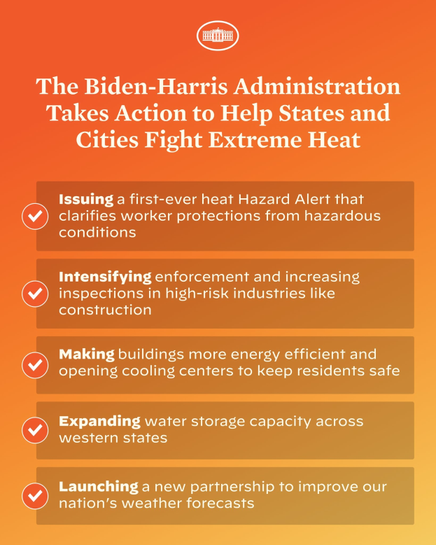 Plakat mit der Aufschrift "Die Biden-Harris-Verwaltung setzt sich dafür ein, dass Bundesstaaten und Städte gegen extreme Hitze kämpfen" mit einem roten und weißen Schild-Design mit einem Blitz, eingerahmt von einem gelben Rand auf einem weißen Hintergrund.