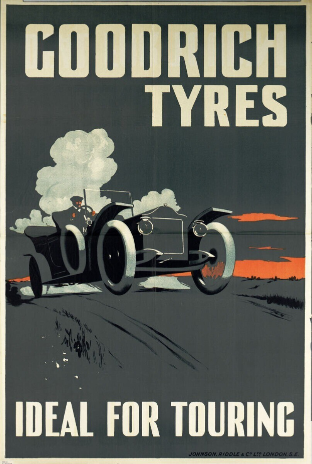 Goodrich Reklameplakat mit einem Auto und einer Person sowie Text