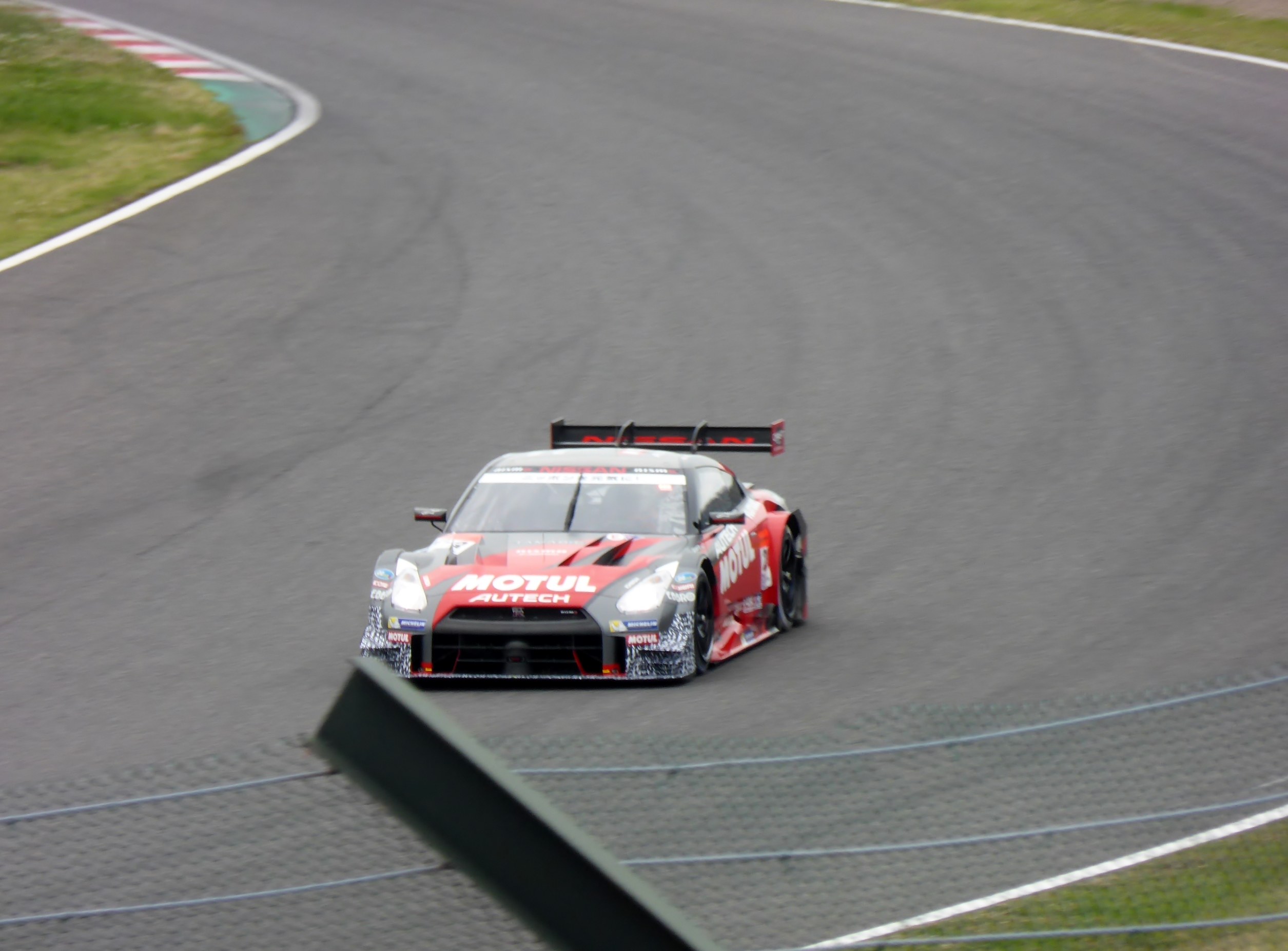 Nissan GT-R Nismo GT3 Rennauto auf der Nürburgring 24 Stunden Strecke, umgeben von grünem Gras.