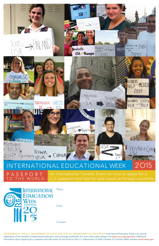 Plakat zur Internationalen Bildungswoche 2015 mit einer vielseitigen Gruppe strahlender Menschen, die Schilder mit veranstaltungsbezogenen Texten halten.