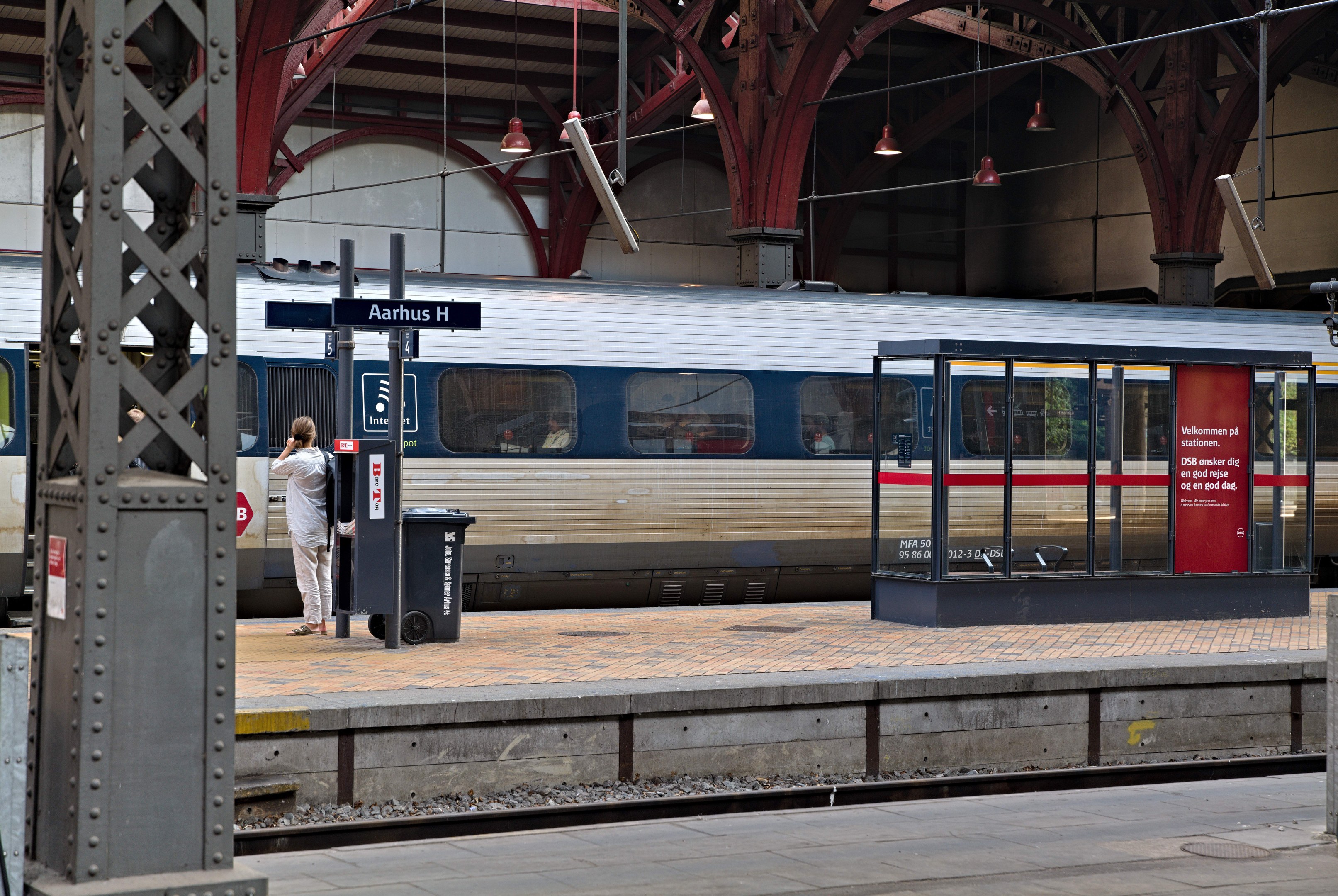 Ein Zug fährt auf einem Bahnsteig ein mit einer Person in der Nähe, einem Müllcontainer, Pfosten, Informationsanzeigen und Deckenleuchten.