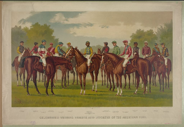 Eine Gruppe von Menschen, die auf einem grünen Feld mit Bäumen und einem blauen Himmel reitet, mit Text unten: "Feiernder Siegerpferde und Jockeys der amerikanischen Wiese".