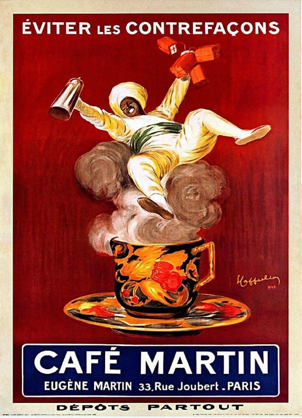 Plakat für Café Martin in Paris mit einer Person, die eine Tasse Kaffee hält und darüber in fetter Schrift 'Café Martin'