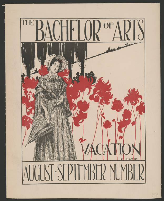 Plakat mit schwarzem Hintergrund, das eine Frau in einem weißen Kleid mit blauer Stola und weißem Hut zeigt, die in einem Feld gelber Blumen unter einem blauen Himmel steht, mit der Aufschrift "The Bachelor of Arts Vacation August-September Number" in weißer Schrift mit goldenem Rand.