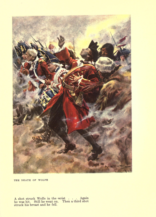 Ein Plakat mit der Aufschrift 'Der Tod von Wolfe', das eine Gruppe betroffener Menschen in gedämpften Farben zeigt, einige schauen öfter in Furcht und andere in Verzweiflung nach unten.