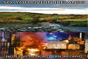 Oberes Bild: eine Landschaft mit Gras, Bergen und Vegetation. Unteres Bild: Fahrzeuge auf einer Straße mit Feuer.