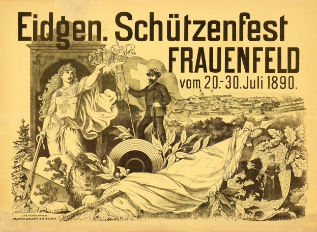 Plakat für das Eidgenössische Schützenfest in Frauenfeld, Deutschland, das einen förmlich gekleideten Mann und eine Frau sowie Veranstaltungstexte zeigt.