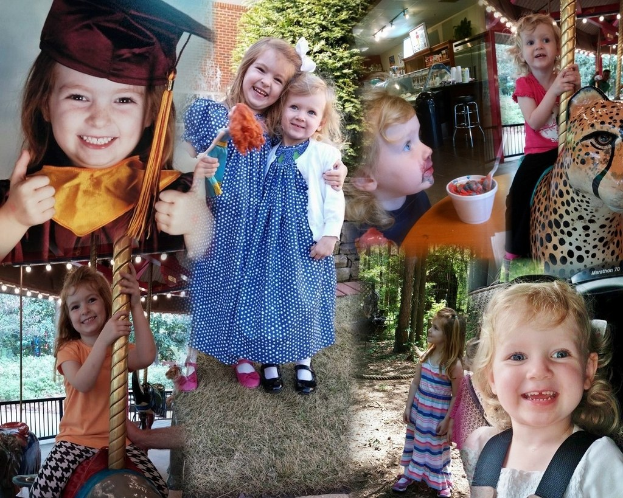 Collage mit lustigen Fahrgeschäften, Kindern, einem Tisch mit einem Becher und einem Lebensmittel, einem Löffel, verschiedenen Gegenständen, Lichtern, einer Wand, Büschen, Bäumen, Gras, einem Seil und einem Hut.