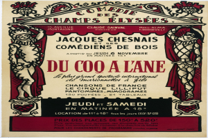 Plakat, das eine Comedy-Show auf den Champs-Élysées in Paris ankündigt, mit Text und Bildern.