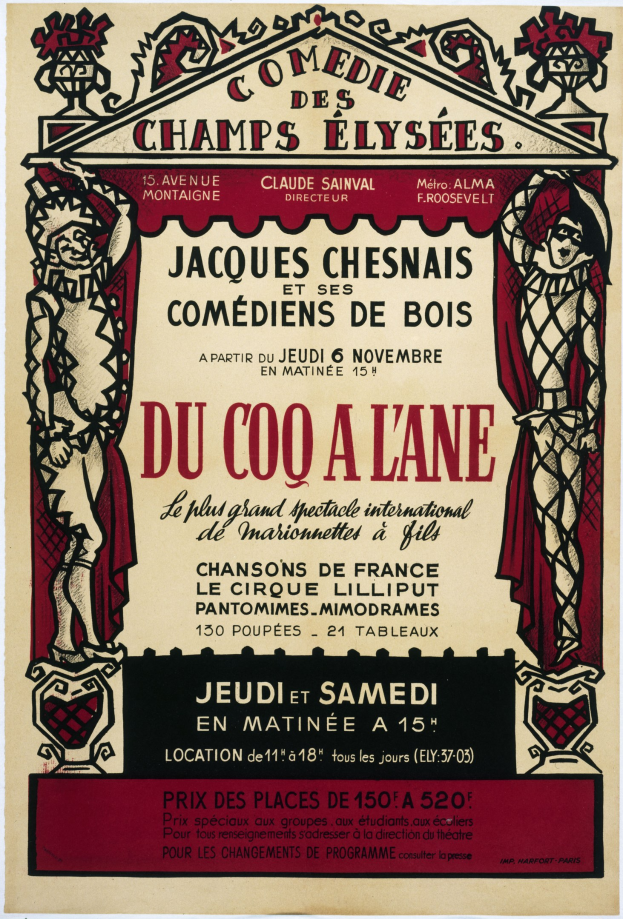 Plakat, das eine Comedy-Show auf den Champs-Élysées in Paris ankündigt, mit Text und Bildern.