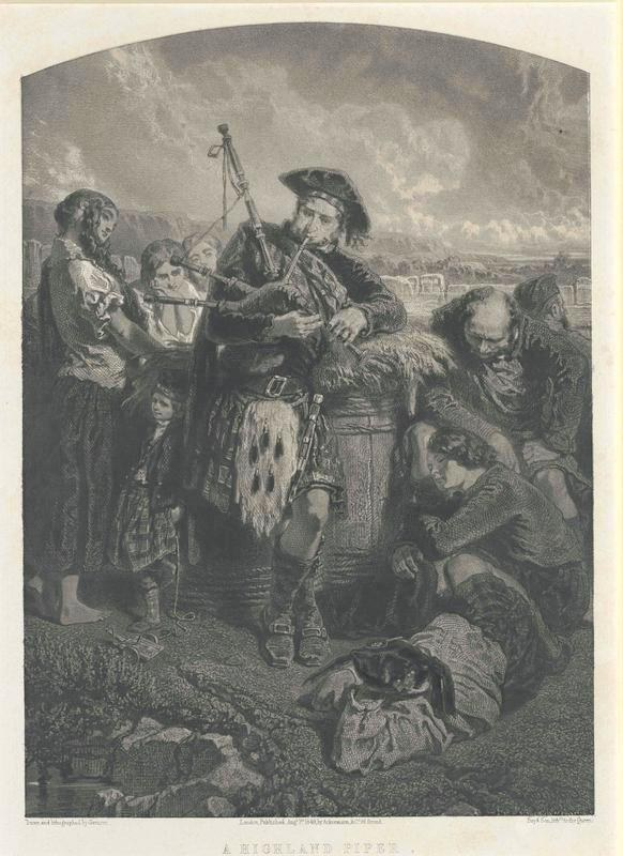 Schwarz-weißes Gravur von einem Mann, der eine Dudelsack vor einer Gruppe von Menschen spielt, mit einem bewölkten Himmel im Hintergrund und dem Text "Ein Highland Pipe" unten.