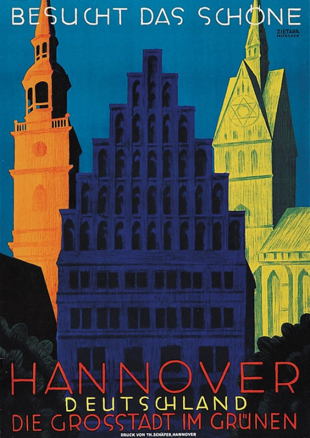 Plakat wirbt für Hannover, Deutschland, mit Bildern von Gebäuden und Bäumen und Text mit Stadtinformationen.