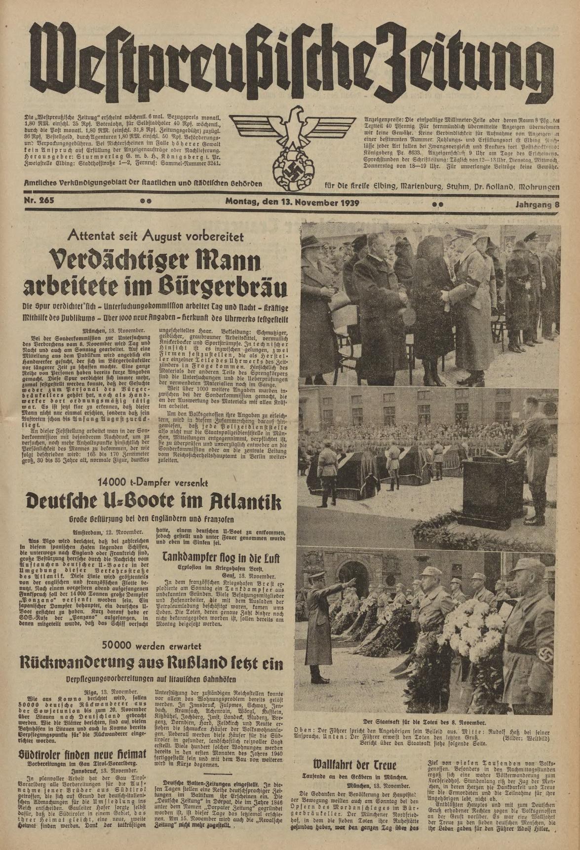 Schwarze-weiße Titelseite einer deutschen Zeitung vom 13. November 1939 mit der Überschrift 'Weitpreubliche Zeitung' und einem Foto von Menschen in traditioneller deutscher Tracht in einer feierlichen Szenerie.