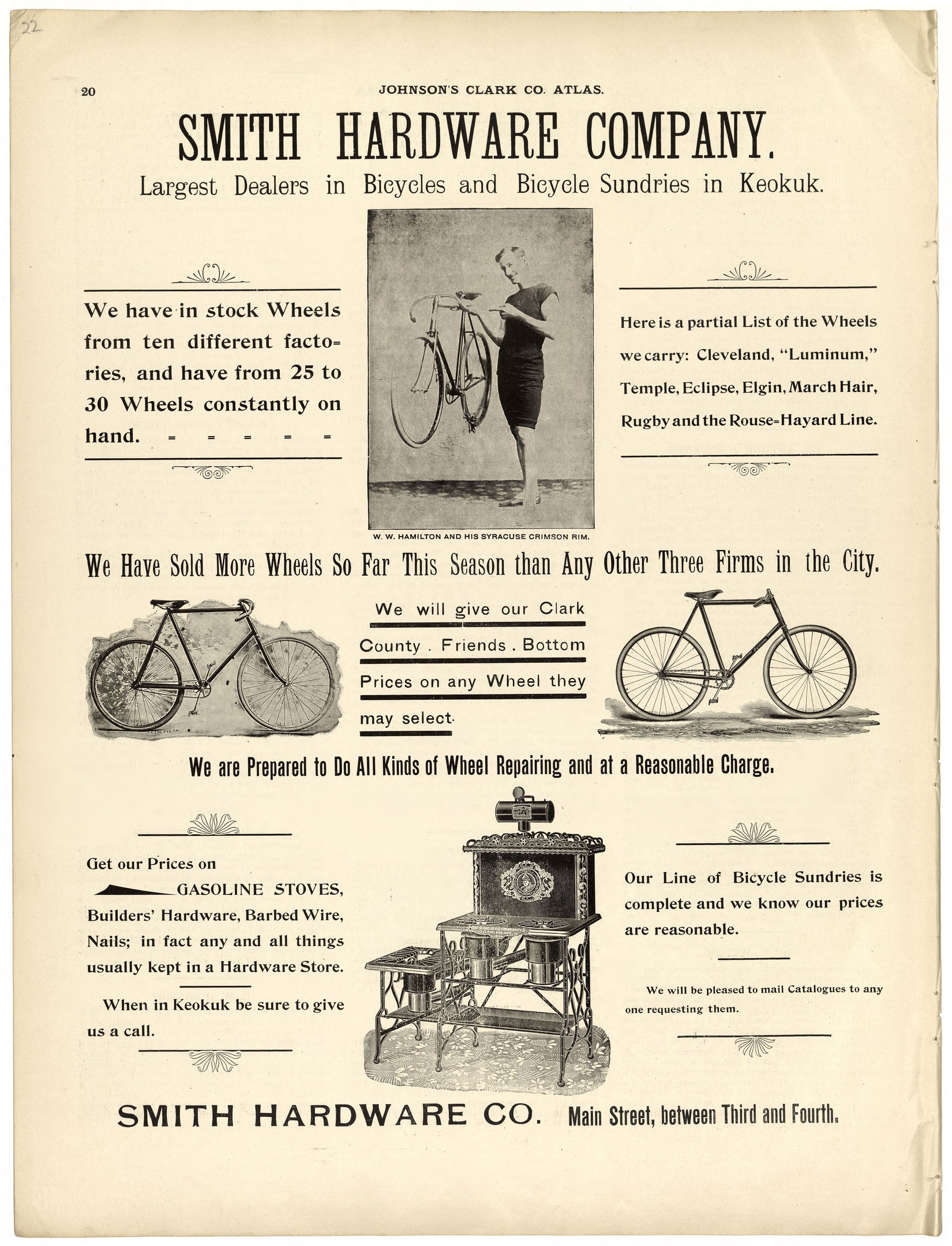 Werbung für Smith Hardware Co., die eine Person mit einem Fahrrad und einem Rad im Vordergrund zeigt und Text über die Produkte und Dienstleistungen des Unternehmens beschreibt.