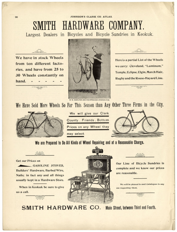 Werbung für Smith Hardware Co., die eine Person mit einem Fahrrad und einem Rad im Vordergrund zeigt und Text über die Produkte und Dienstleistungen des Unternehmens beschreibt.