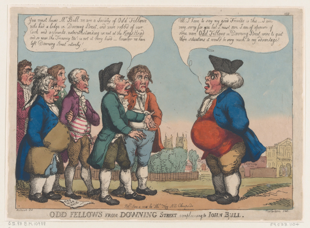 Eine Karikatur auf Papier zeigt eine Gruppe von Menschen vor einem Gebäude, Bäumen und Himmel mit Text unten, der "odd fellows from downing street complaining to John Bull" liest.