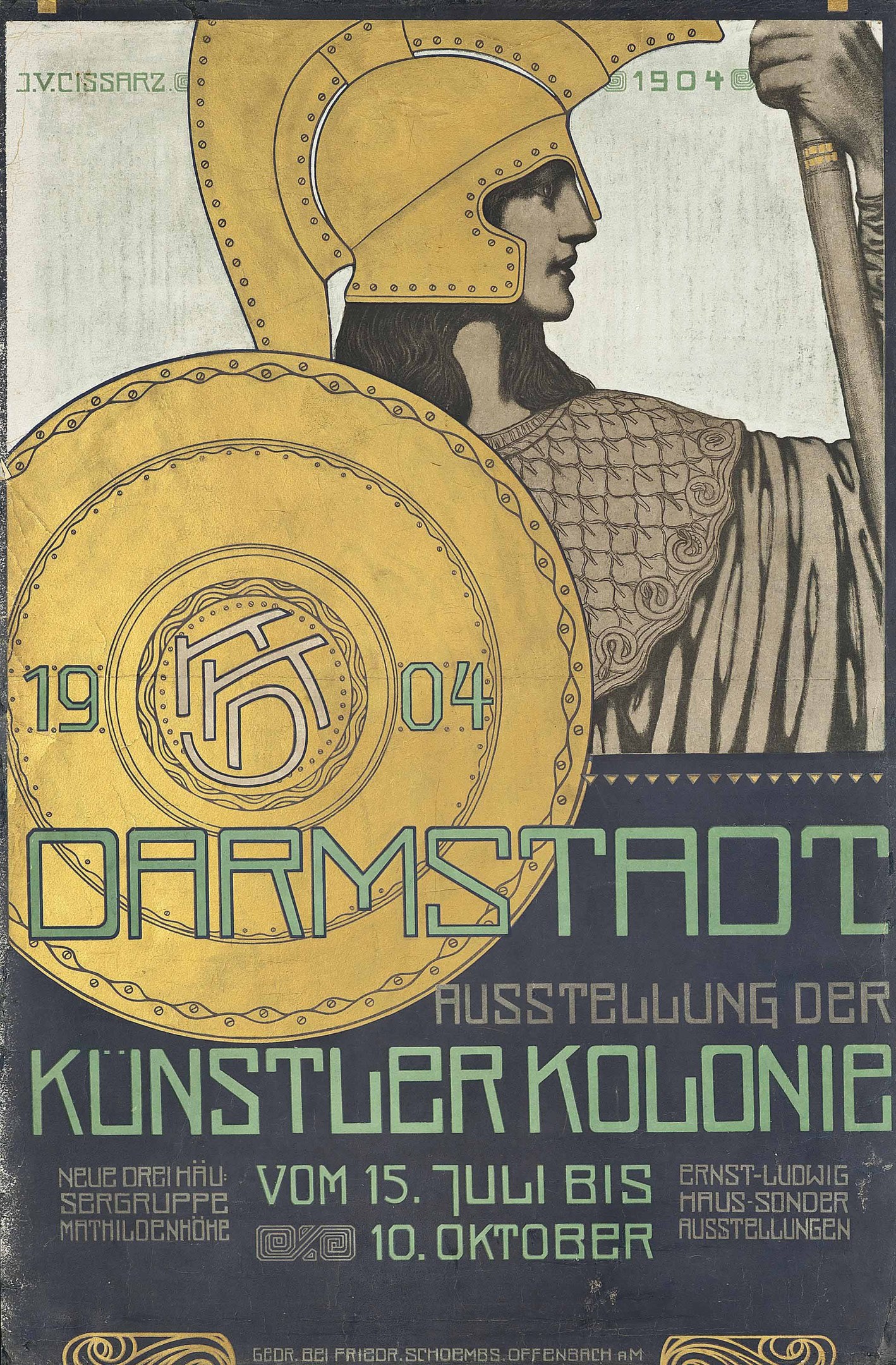 Plakat für ein 1904er Berlin-Konzert mit einem Helmträger, der ein Schild hält, mit der Aufschrift "Darmstadt" und "Kuenstler Kolonie".