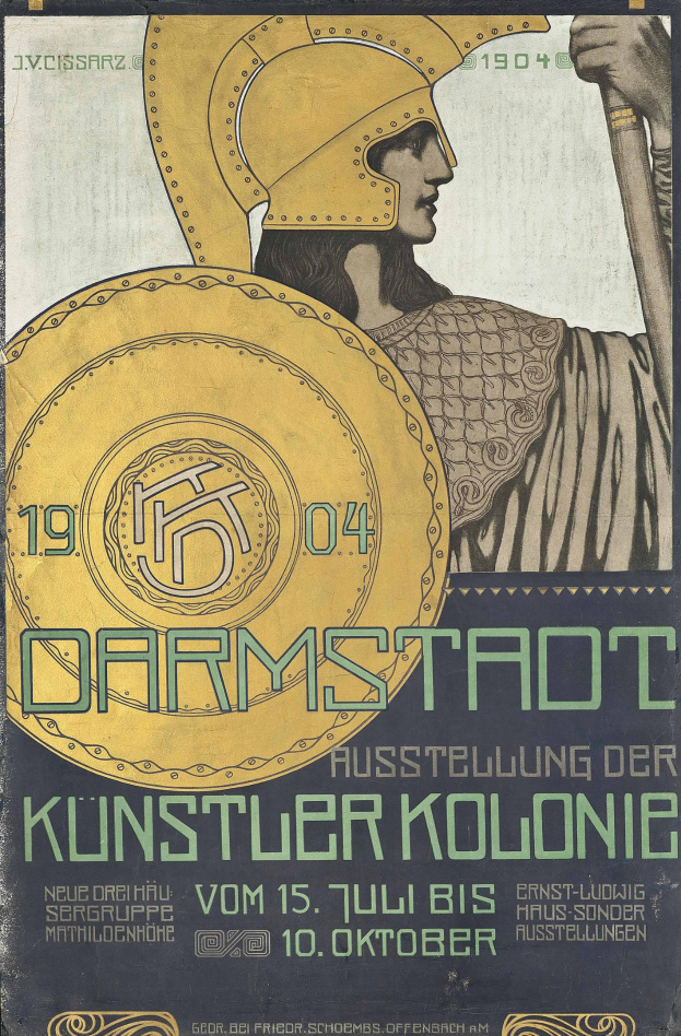Plakat für ein 1904er Berlin-Konzert mit einem Helmträger, der ein Schild hält, mit der Aufschrift "Darmstadt" und "Kuenstler Kolonie".