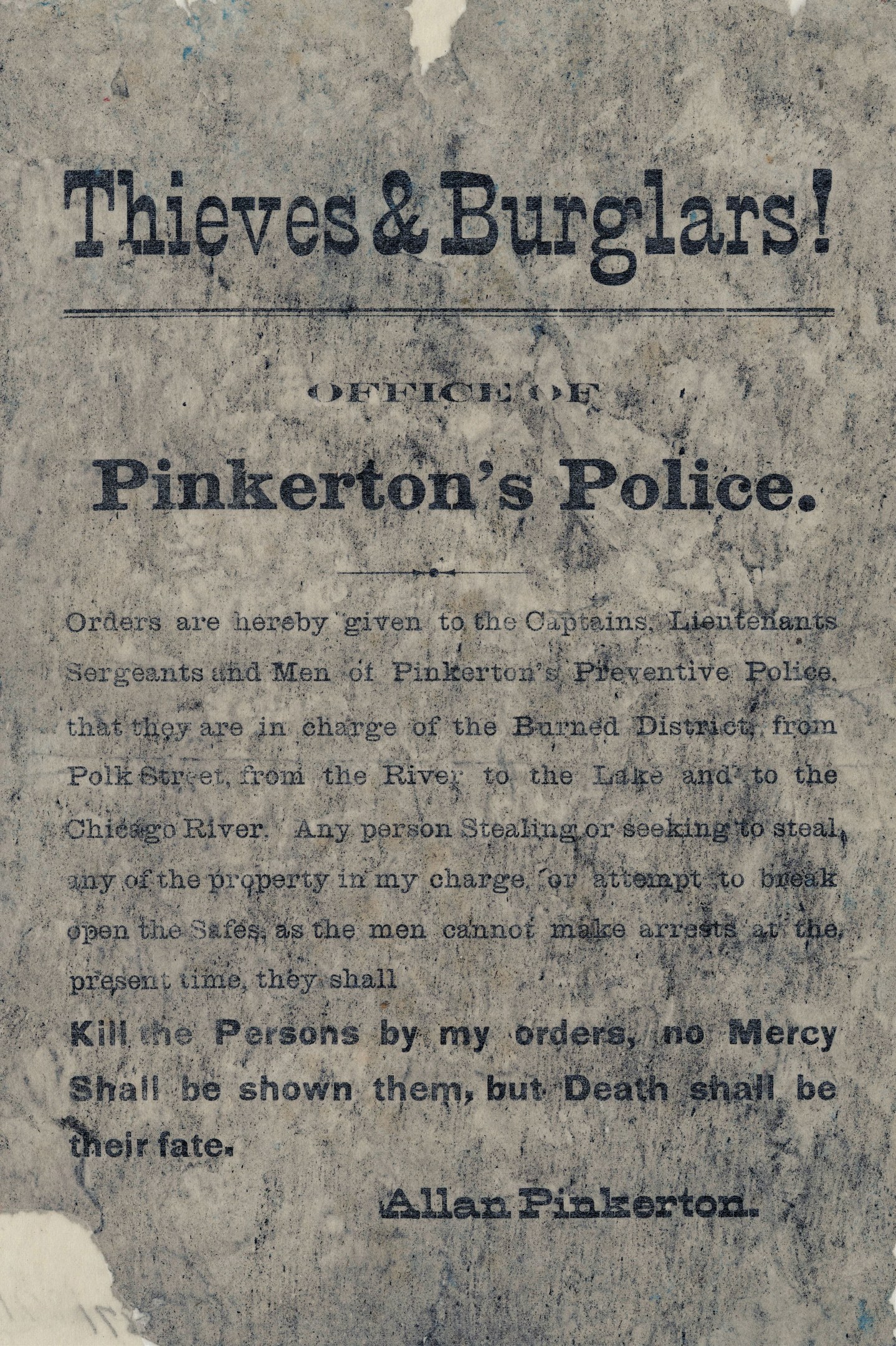 Plakat mit fetter schwarzer Schrift "Diebe & Einbrecher Pinkerton's Police" auf weißem Hintergrund, umrandet von einem schmalen schwarzen Rand.