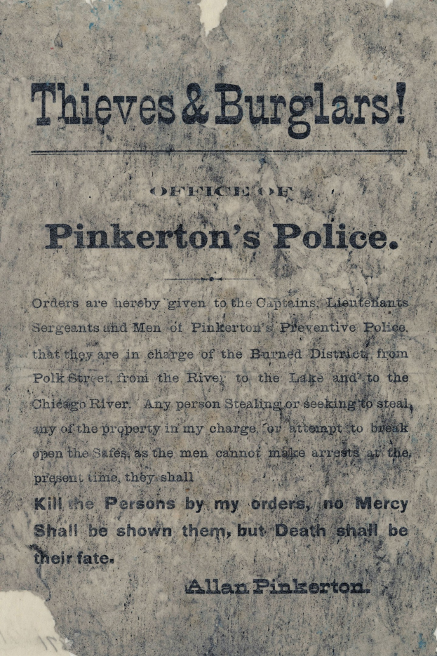 Plakat mit fetter schwarzer Schrift "Diebe & Einbrecher Pinkerton's Police" auf weißem Hintergrund, umrandet von einem schmalen schwarzen Rand.