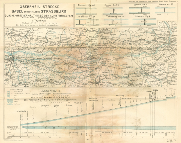 Alte Karte des Basel-Strasburg-Gebiets in Deutschland, zeigt Bahnlinien, Text und geografische Merkmale.