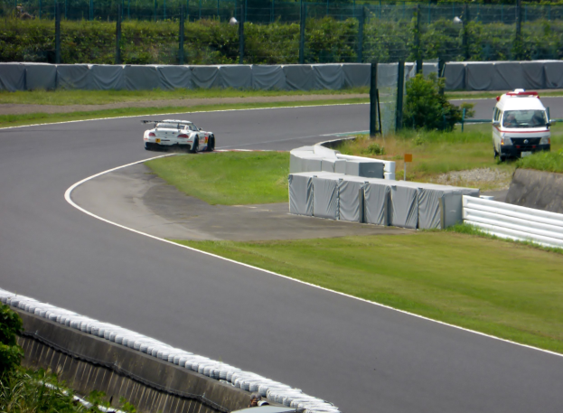 Ein Rennwagen fährt auf einer Rennstrecke, im Hintergrund ist ein Polizeiwagen zu sehen, umgeben von Gras, Pflanzen, Bäumen und einem Fahrzeug auf der rechten Seite des Bildes.