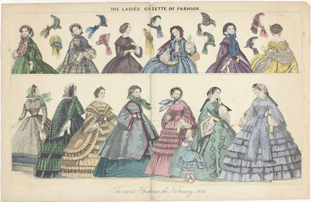 Eine Vintage-Modezeitschrift mit dem Titel "The Ladies Gazette of Fashion", die Illustrationen von Frauen in verschiedenen farbenfrohen Kleidern und geschmückten Hüten zeigt, mit einem dezenten Farbschema aus Blauen, Grünen und Gelben.
