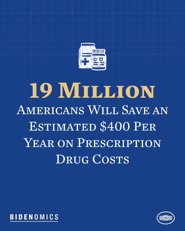 Blauer Hintergrund mit weißer Schrift und einem Logo, das "19 Millionen Amerikaner werden geschätzte 400 USD pro Jahr an Arzneikosten sparen" angibt.