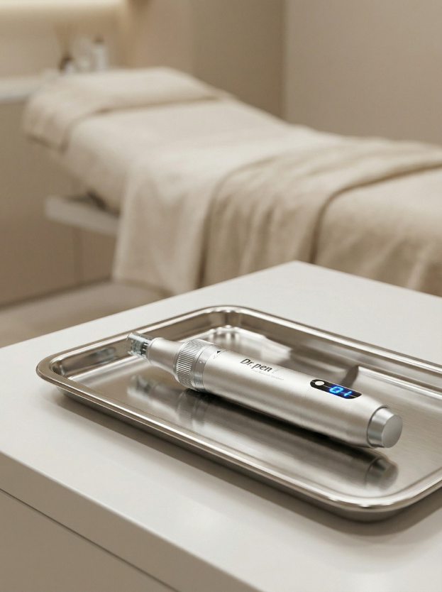Professionelles Microneedling-Instrument auf einem sterilen Tablett in einem modernen Kosmetikstudio.