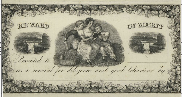 Verdiensturkunde mit einer Illustration eines Mannes und einer Frau auf einer Bank in einer natürlichen Umgebung mit einem Korb, Pflanzen, Bäumen und Wasser sowie gedrucktem Text.