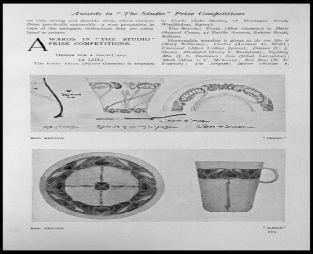 Schwarz-weiß-Zeichnung einer Tasse und eines Untersetzers mit einem Design, eingerahmt von einem schwarzen Rand, und Text, der "Awards in the Studio Prize Competitions" liest.
