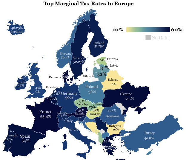 Eine Karte von Europa, die die höchsten Steuersätze pro Land anzeigt, mit der Überschrift "Höchste Steuersätze in Europa."