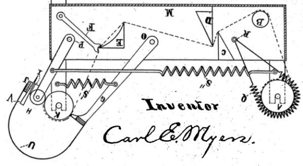Schwarzes und weißes technisches Zeichnung einer Windturbine mit einem Uhrwerk, zugeschrieben dem Erfinder Carl E. Meyer, begleitet von erklärendem Text.