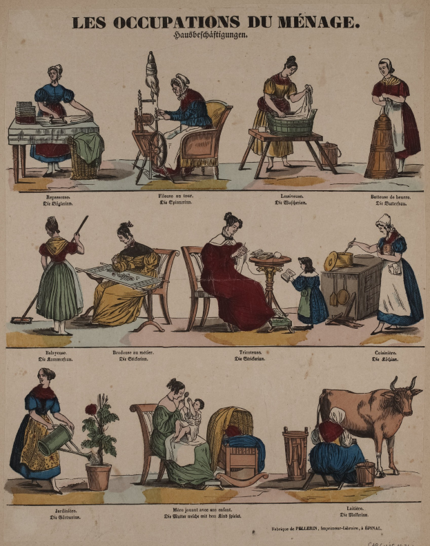 Ein Plakat aus dem 19. Jahrhundert, das genderisierte Berufe zeigt, mit sitzenden und stehenden Figuren, einer Kuh, einer Topfpflanze und begleitendem Text.