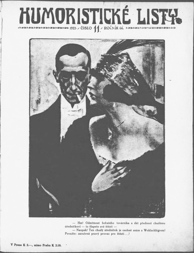 Schwarz-weißes Magazin-Cover mit dem Titel 'Humoristische Liste', das einen Mann im Anzug mit ernster Miene und eine Frau zeigt, die schmunzelnd wegsieht.