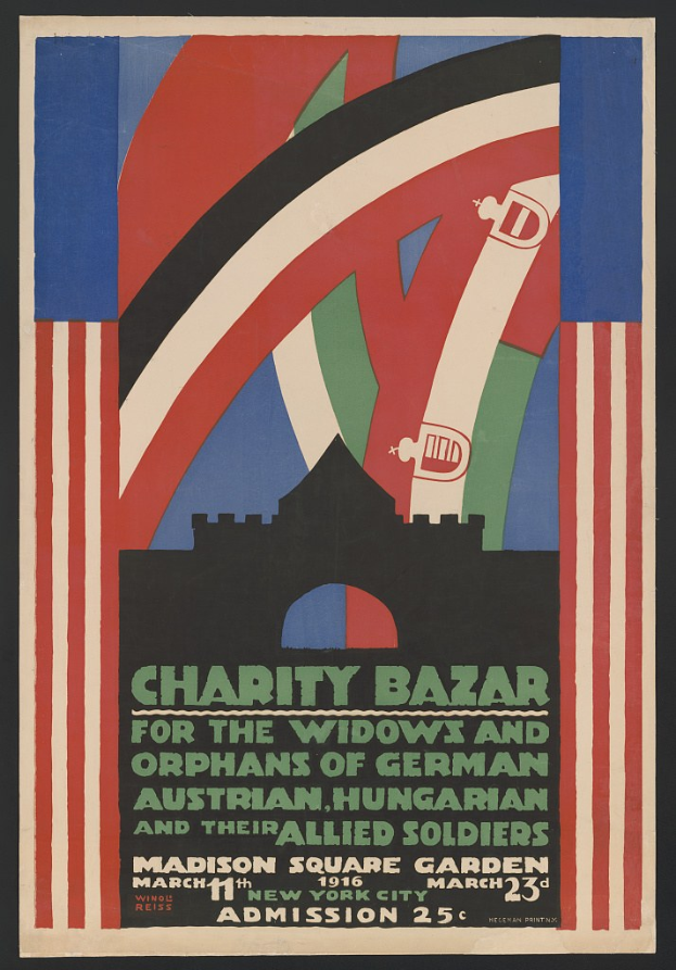 Plakat für den Charity Basar für die Witwen und Waisen deutscher, australischer, ungarischer und alliierter Soldaten mit Veranstaltungdetails im Text.