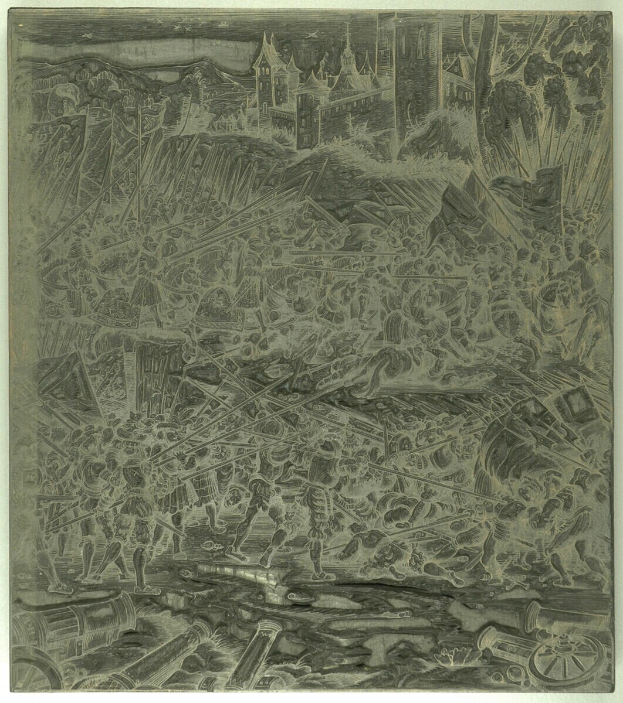 Eine Schwarz-Weiß-Zeichnung einer chaotischen Szene mit aufgeregten Menschen, hohen Gebäuden im Hintergrund und verstreuten Gegenständen, mit Text unten.