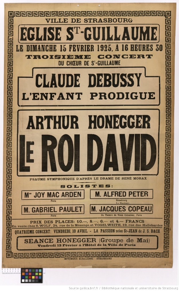 Ein Vintage-Konzertplakat mit Arthur Honegger und Le Roi David, mit Text, der die Künstler und das Veranstaltungsdatum beschreibt.