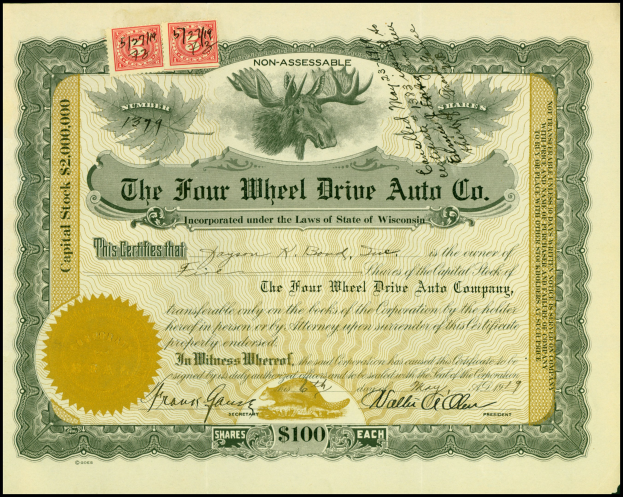 Rahmengestelltes Aktienzertifikat für Four Wheel Drive Auto Co. mit goldenem Siegel, Text, Zahlen und mehrfarbigen Stempeln.
