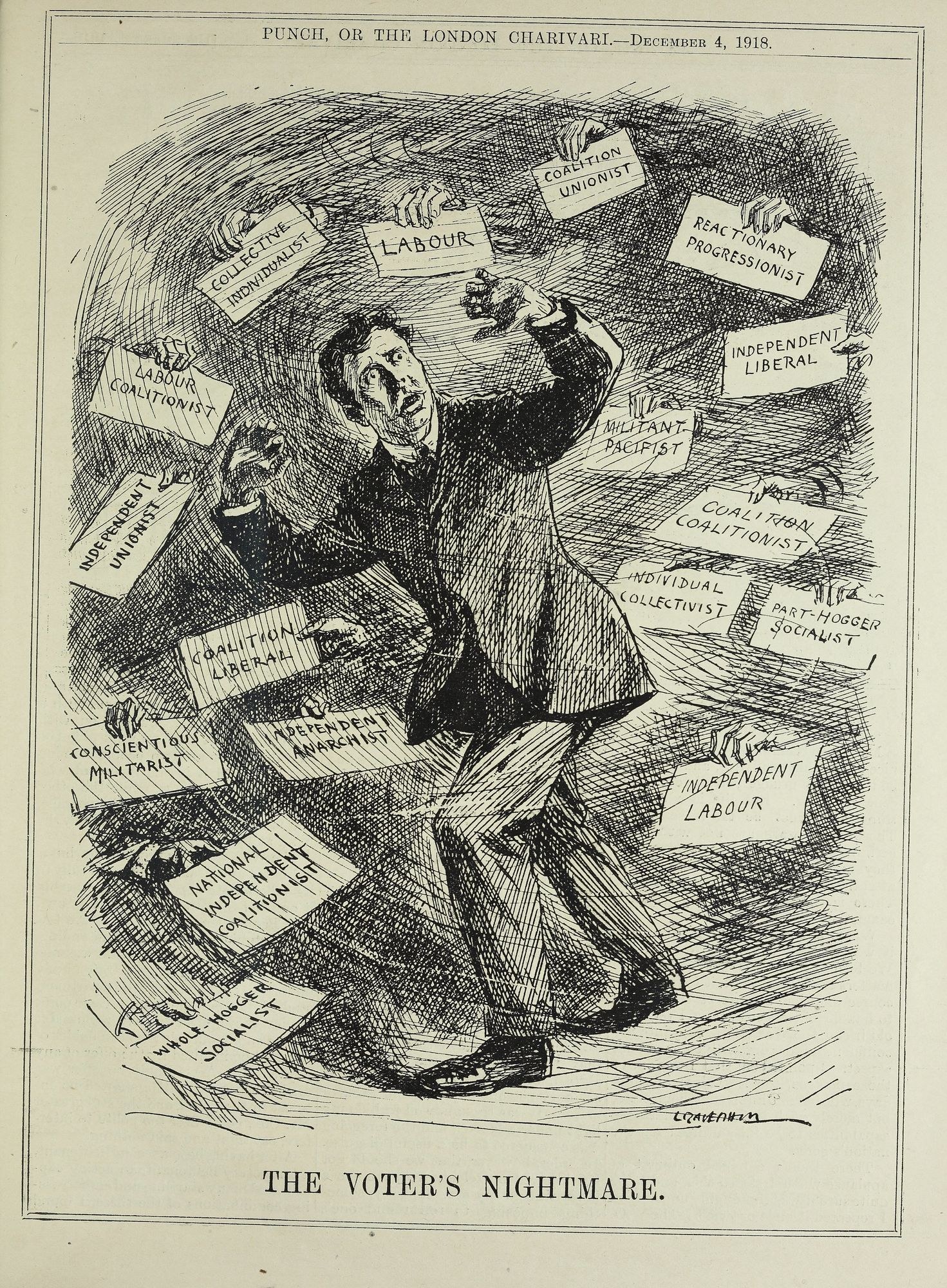 Eine Zeitung mit einer Zeichnung eines Mannes in Anzug und Krawatte, der ein Schild hält, auf dem in fetter Schrift 'Der Alptraum des Wählers' steht.